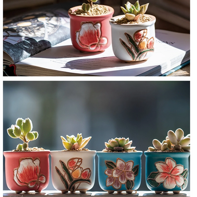 Wholesale Home Garden Supplies Hand-Painted Potted Cactus Greenery Round Blue Orange Small Ceramic Succulent Pot
